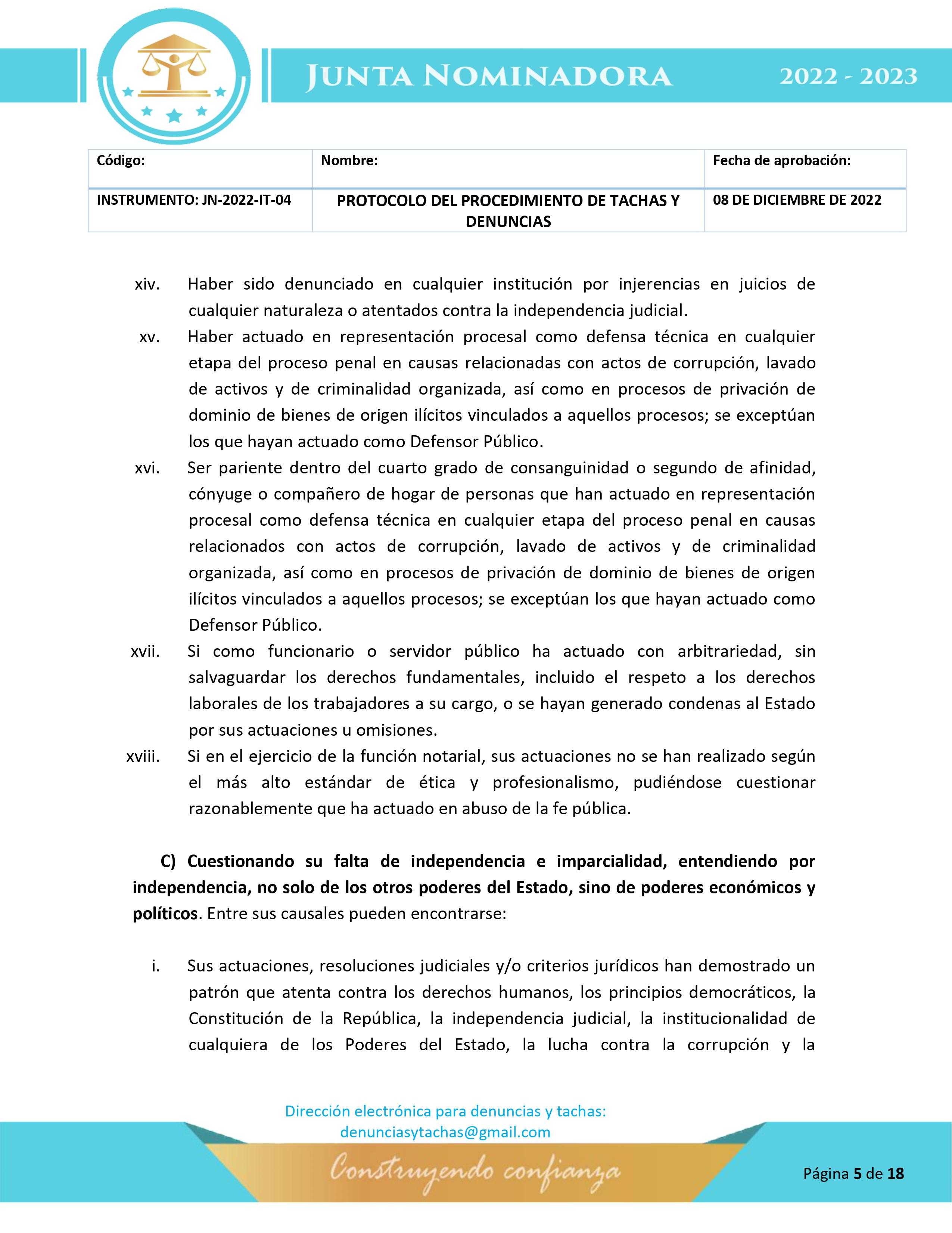 Protocolo para la etapa de tachas y denuncias